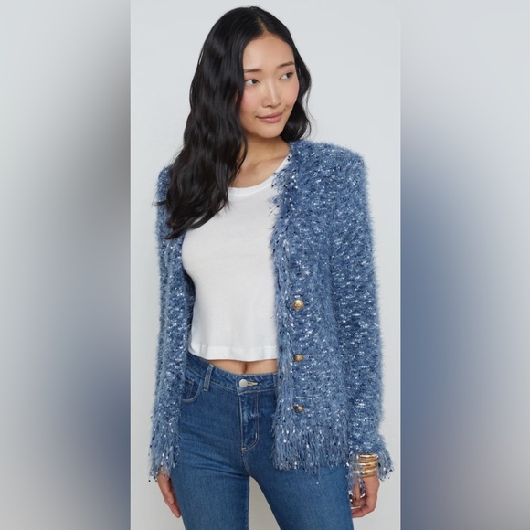 L’AGENCE Azure Fringe Cardigan Blazer in Blue Multi Medium - Picture 4 of 14
